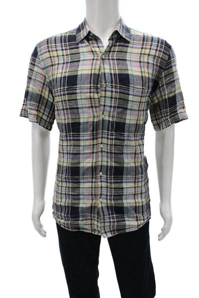Lacoste Mens Plaid Linen Short Sleeve Button Up Shirt Multicolor Size 40