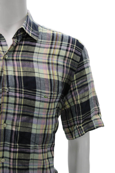 Lacoste Mens Plaid Linen Short Sleeve Button Up Shirt Multicolor Size 40