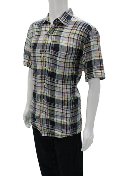 Lacoste Mens Plaid Linen Short Sleeve Button Up Shirt Multicolor Size 40
