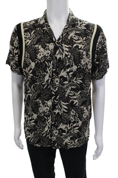 Scotch & Soda Mens Floral Collar Short Sleeve Button Down Shirt Black Size L