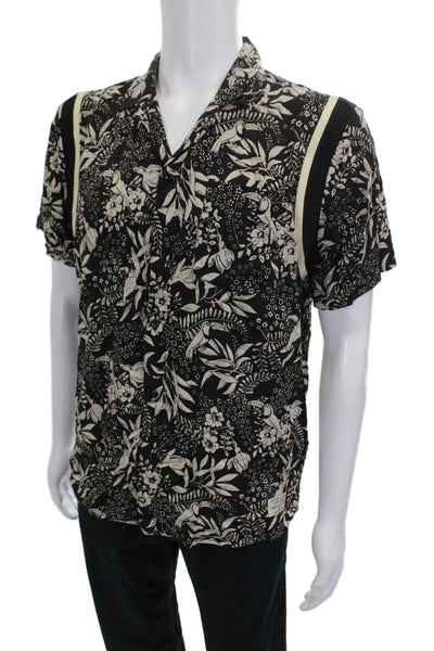 Scotch & Soda Mens Floral Collar Short Sleeve Button Down Shirt Black Size L