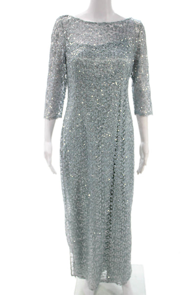 Kay Unger Womens Blue Sheath Dress Boat Neck 3/4 Sleeve Long Polyester Size 10