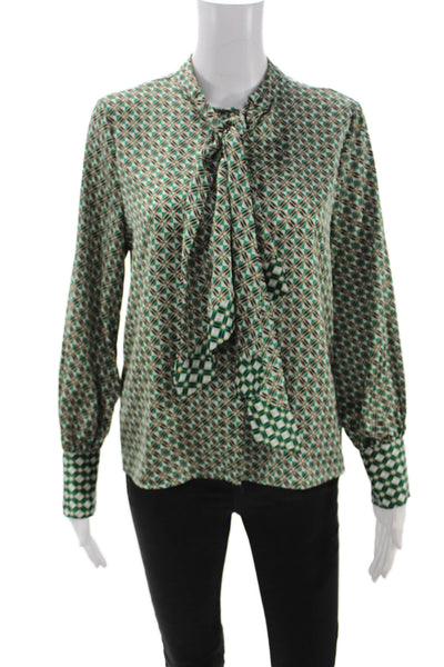 Zara Womens Green Geometric Collared Long Sleeve Basic Blouse Polyester Size S