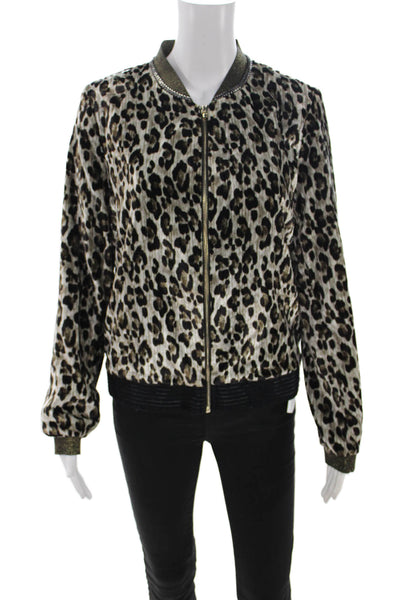 T Tahari Womens Bomber Jacket Multicolor Animal Print Zip Long Sleeve Size S