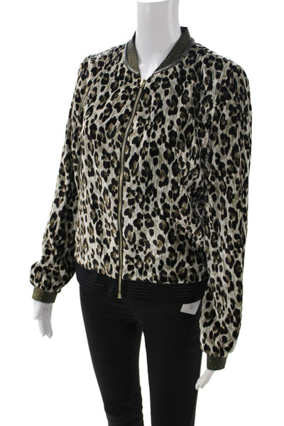T Tahari Womens Bomber Jacket Multicolor Animal Print Zip Long Sleeve Size S