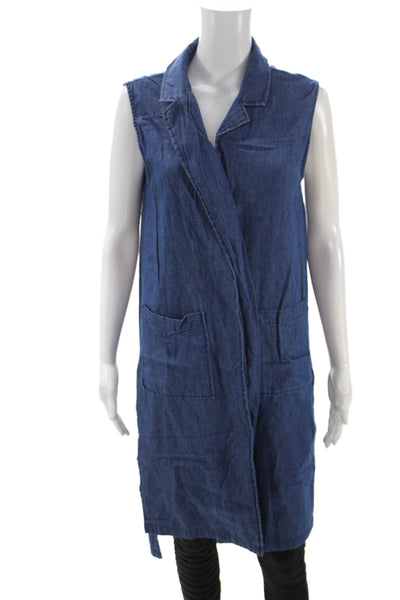 Chiqle Denim Women Collared Sleeveless Vest Blue Cotton Size M