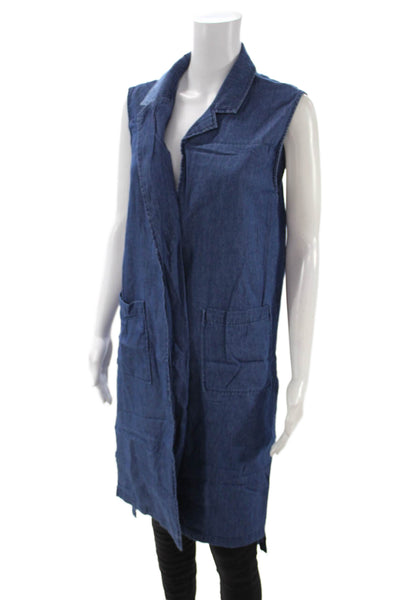 Chiqle Denim Women Collared Sleeveless Vest Blue Cotton Size M