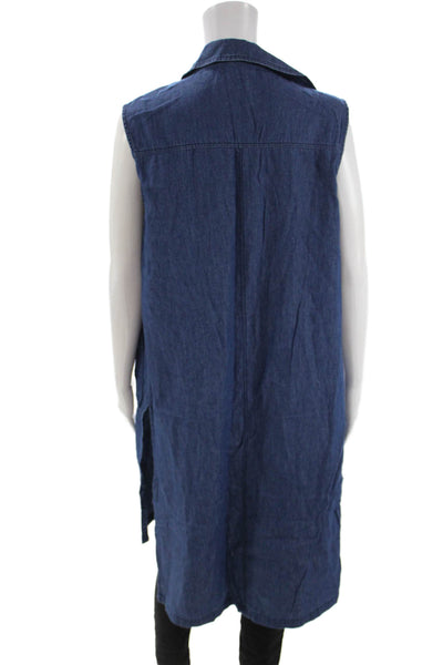 Chiqle Denim Women Collared Sleeveless Vest Blue Cotton Size M