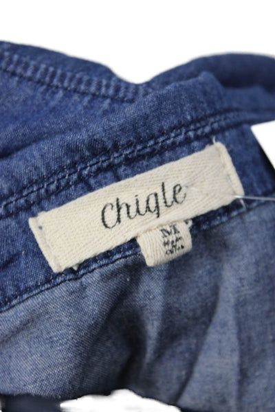 Chiqle Denim Women Collared Sleeveless Vest Blue Cotton Size M