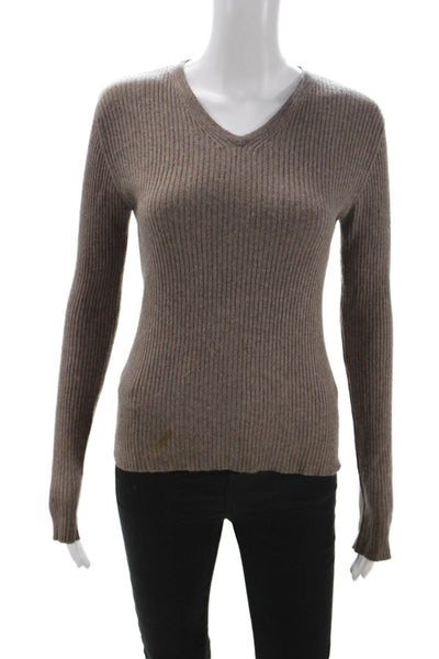 Autumn Cashmere Women Silk V-Neck Long Sleeve Pullover Brown Size S