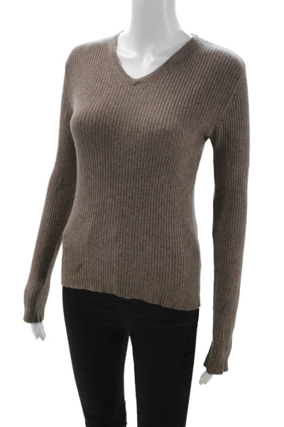 Autumn Cashmere Women Silk V-Neck Long Sleeve Pullover Brown Size S