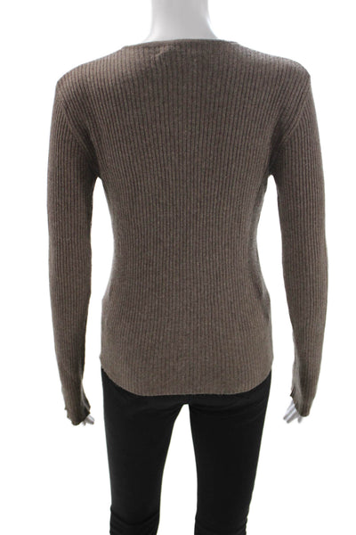 Autumn Cashmere Women Silk V-Neck Long Sleeve Pullover Brown Size S