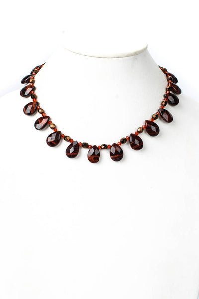 Designer Womens Gold Tone Tiger's Eye + Glass Beaded Fringe Necklace 17"