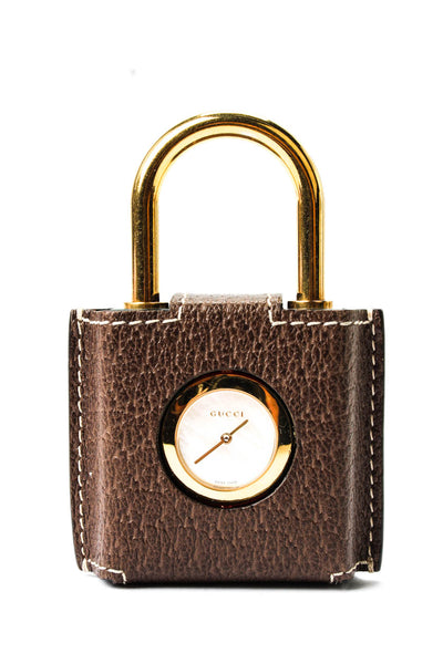Gucci Womens Gold Tone Mother of Pearl Dial Brown Leather Constance Pocket Watch