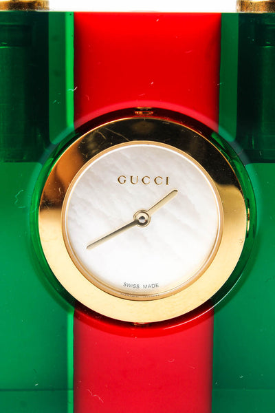Gucci Womens Gold Tone Mother of Pearl Dial Brown Leather Constance Pocket Watch