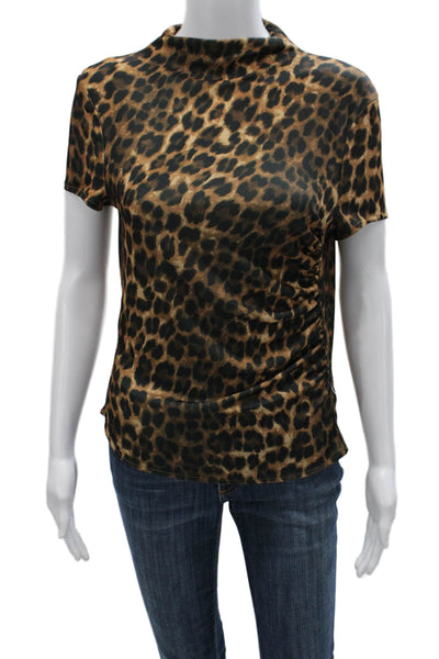 MNG Women Mock Neck Animal Print Brown Basic T-Shirt Short Sleeve Size M