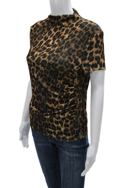 MNG Women Mock Neck Animal Print Brown Basic T-Shirt Short Sleeve Size M