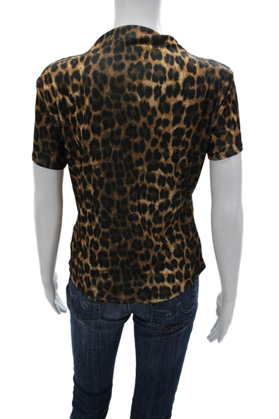 MNG Women Mock Neck Animal Print Brown Basic T-Shirt Short Sleeve Size M