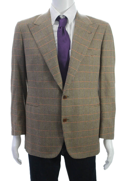 Designer Mens Brown Wool Plaid Blazer Button Size 38