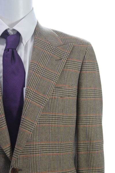 Designer Mens Brown Wool Plaid Blazer Button Size 38