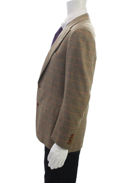 Designer Mens Brown Wool Plaid Blazer Button Size 38