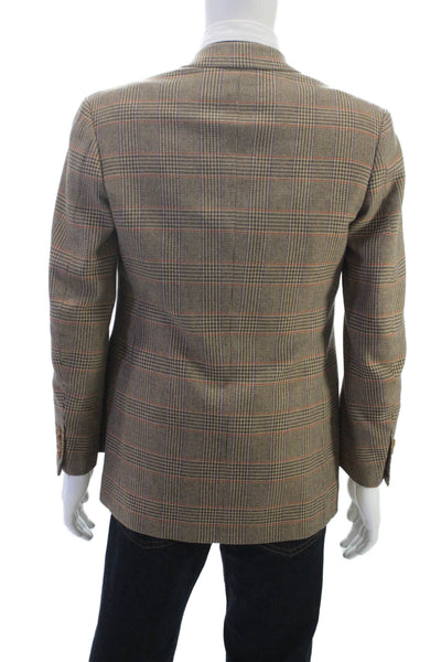 Designer Mens Brown Wool Plaid Blazer Button Size 38