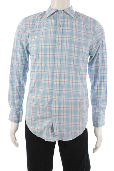 Vineyard Vines Mens Button Front Collared Plaid Shirt Blue White Size XS