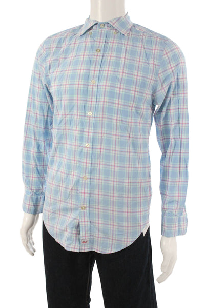 Vineyard Vines Mens Button Front Collared Plaid Shirt Blue White Size XS