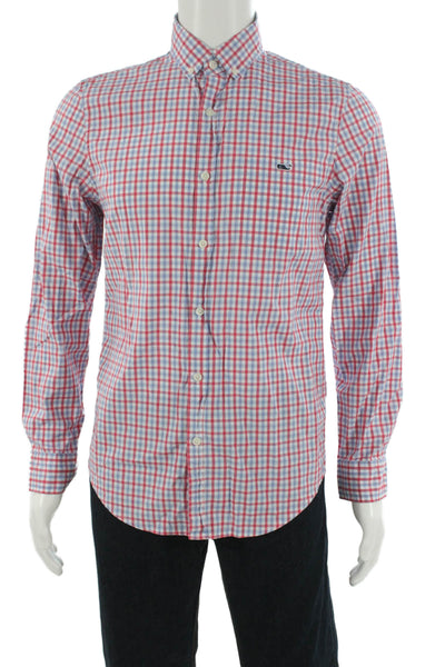 Vineyard Vines Mens Button Front Collared Plaid Shirt White Red Blue Small