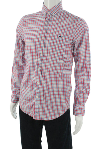 Vineyard Vines Mens Button Front Collared Plaid Shirt White Red Blue Small