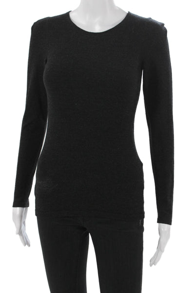 Theory Women Petite Wool Basic Long Sleeve Round Neck T Shirt Gray Size S