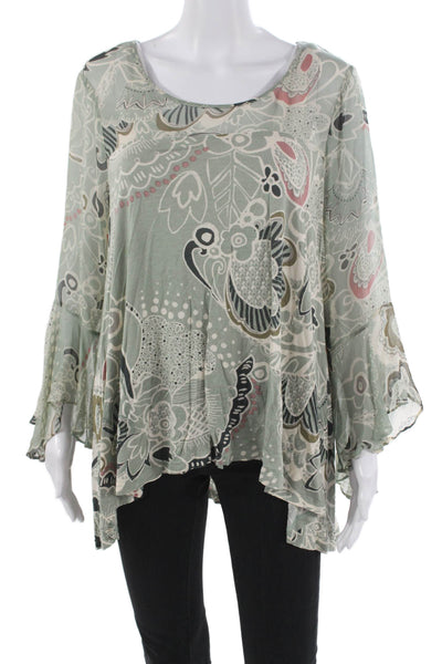 Anthropologie Womens Tunic Green Rayon Floral Long Sleeve Roundneck Size L