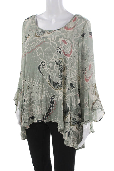 Anthropologie Womens Tunic Green Rayon Floral Long Sleeve Roundneck Size L