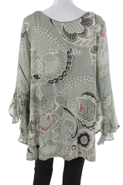 Anthropologie Womens Tunic Green Rayon Floral Long Sleeve Roundneck Size L