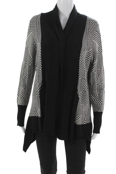 Nic + Zoe Womens Cardigan Black Collared Geometric Cotton Long Sleeve Size L