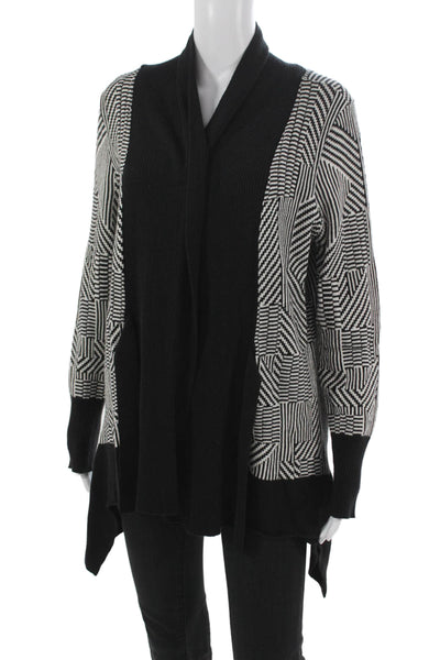 Nic + Zoe Womens Cardigan Black Collared Geometric Cotton Long Sleeve Size L