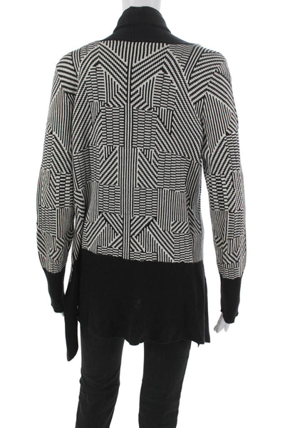 Nic + Zoe Womens Cardigan Black Collared Geometric Cotton Long Sleeve Size L