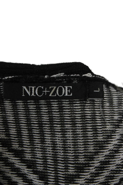 Nic + Zoe Womens Cardigan Black Collared Geometric Cotton Long Sleeve Size L