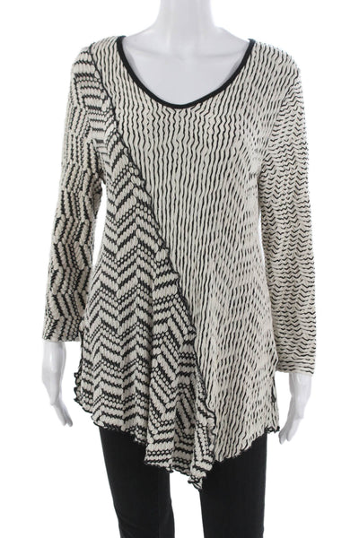 Yushi Women Tunic Black Rayon V-Neck Geometric Long Sleeve Pullover Fall Size M