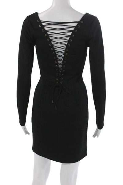 BB Dakota Women Bodycon Dress Black Long Sleeve Boat Neck Lace Up Size XS