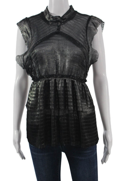 IRO Women Black Striped High Neck Sleeveless Blouse Button Polyester Size 36