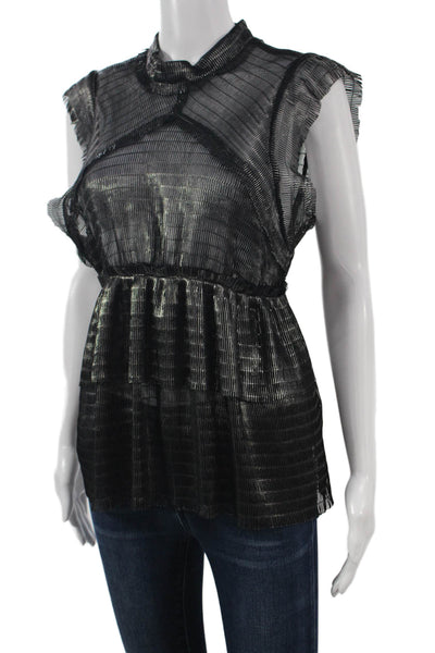 IRO Women Black Striped High Neck Sleeveless Blouse Button Polyester Size 36