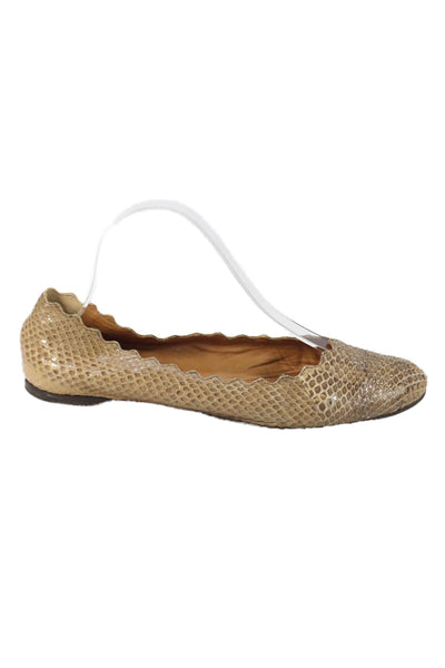 Chloe Womens Leather Round Toe Scalloped Ballet Flats Brown Size 9.5