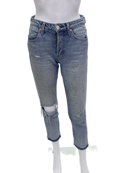 Amo Womens Cropped Blue Jeans Cotton Blend Button Size 26