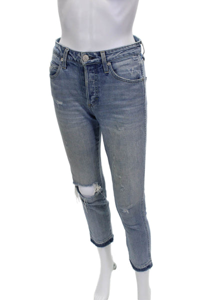 Amo Womens Cropped Blue Jeans Cotton Blend Button Size 26