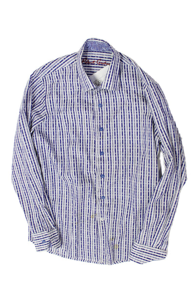Robert Graham Mens Cotton Collared Striped Button Down Shirt Blue Size L