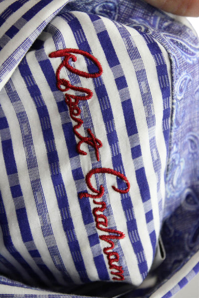 Robert Graham Mens Cotton Collared Striped Button Down Shirt Blue Size L