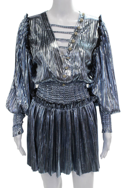 Raisa Vanessa Womens Silver Striped V Neck Long Sleeve Mini Dress Size 34