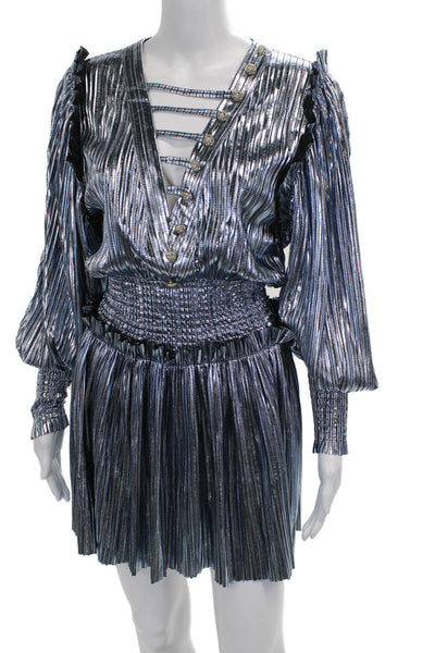 Raisa Vanessa Womens Silver Striped V Neck Long Sleeve Mini Dress Size 34