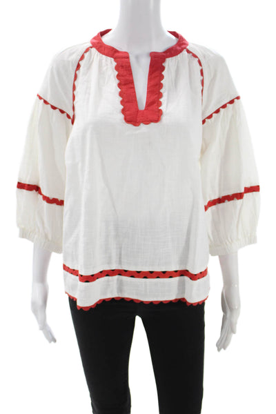 Rose And Rose Womens Tunic Blouse V-Neck 3/4 Sleeve Cotton White Size L